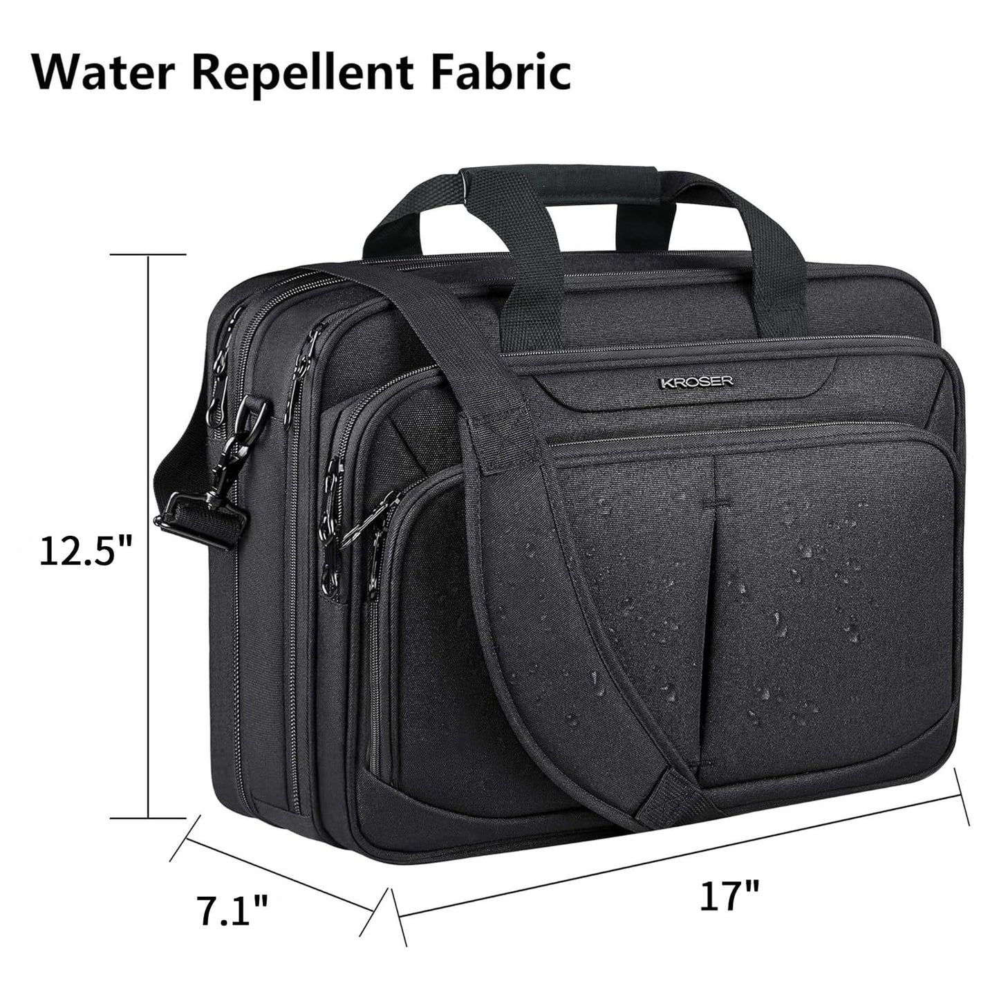 KROSER Maletín ligero para laptop de 17.1 pulgadas, impermeable, con bolsillos RFID, para escuela, mujeres y hombres, Negro-17.3 pulgadas, 17.3"