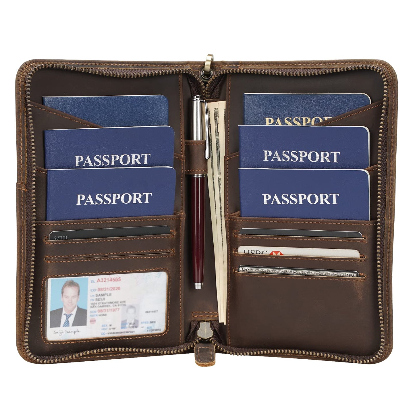 Polare - Funda de Cuero de Grano Completo para Hombres y Mujeres, Bloqueo RFID, Cartera de Viaje Familiar, Capacidad para 6 pasaportes, marrón Oscuro, S, Retro
