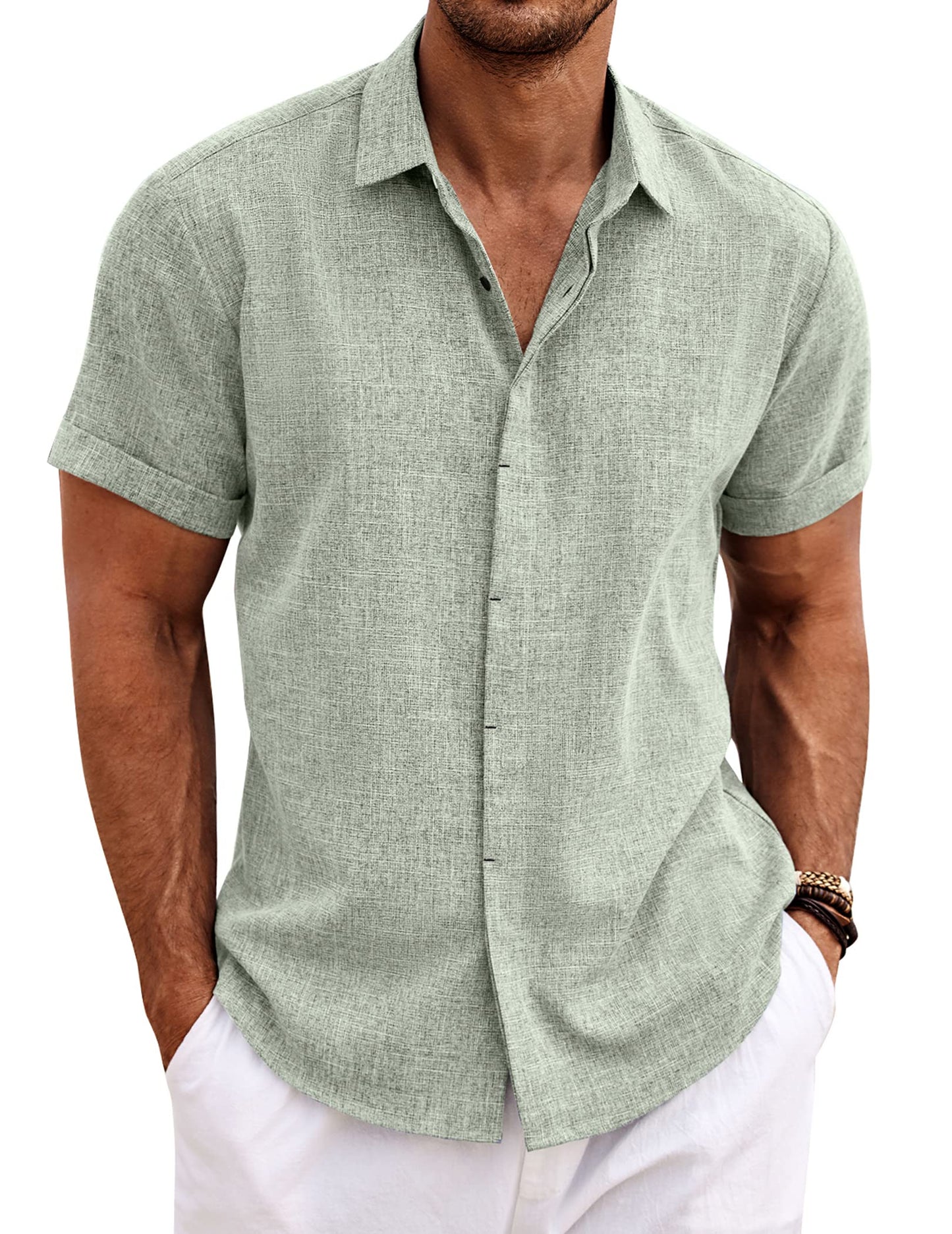 Coofandy Camisas de Lino para Hombre, de Manga Corta, Casuales, con Botones, para Playa, Verano, Boda, Verde Claro, Large