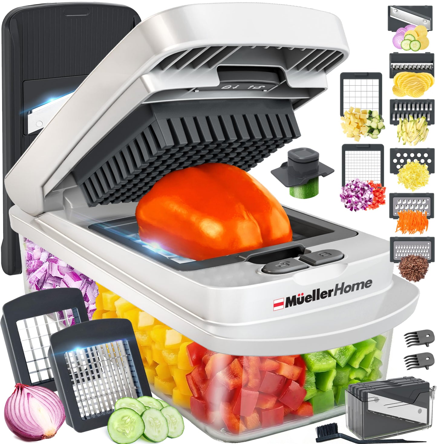 Mueller Austria Pro-Series - Cortador con 8 cuchillas para huevo, cebolla, verduras, etc., con contenedor.