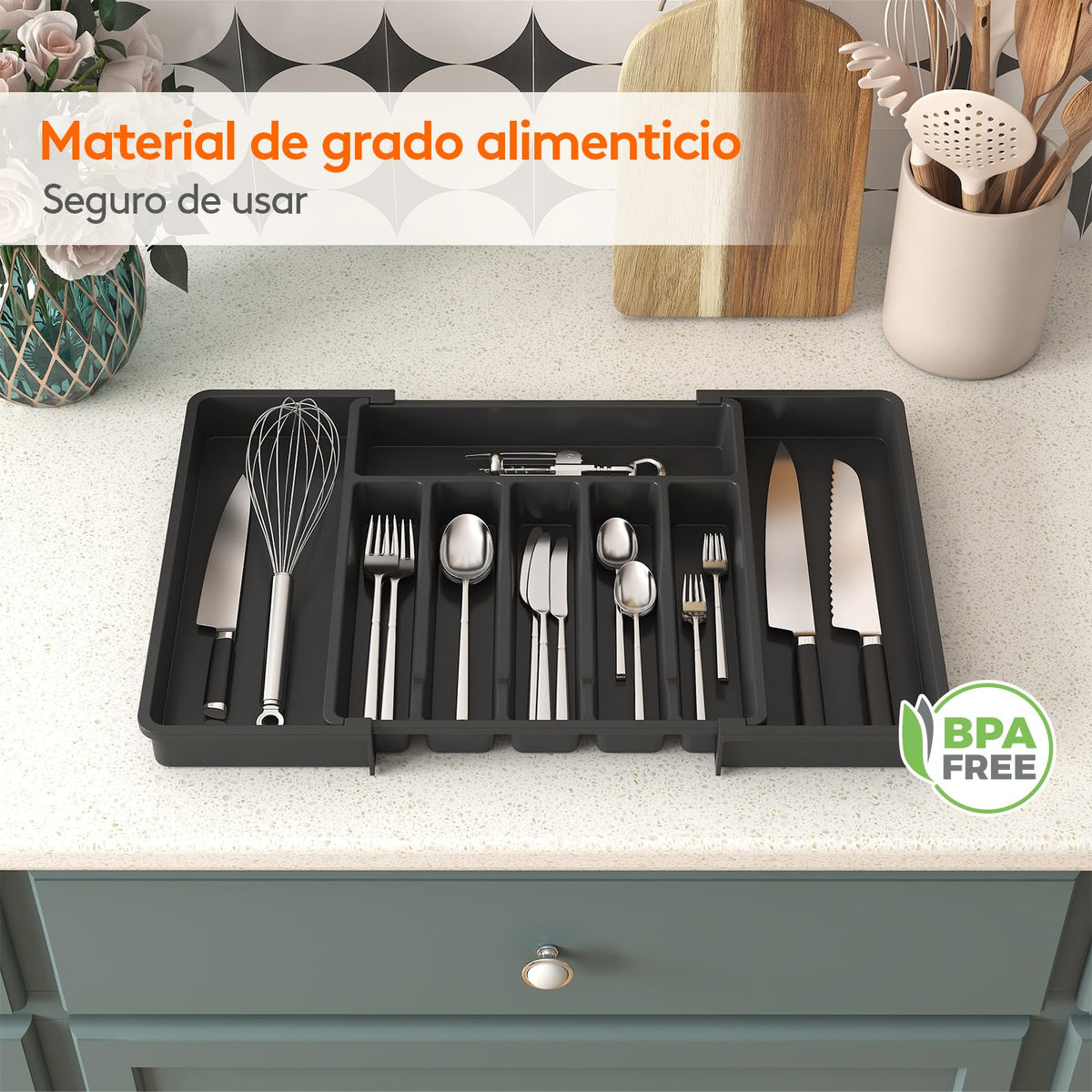 Lifewit Organizador de Cubiertos para Cajón Cocina, Bandeja para Menaje Extensible, Cubertero Compacto para Almacenar Cucharas, Tenedores y Cuchillos, Ancho 33-57 x Fondo 38 cm, Lote 1, Negro