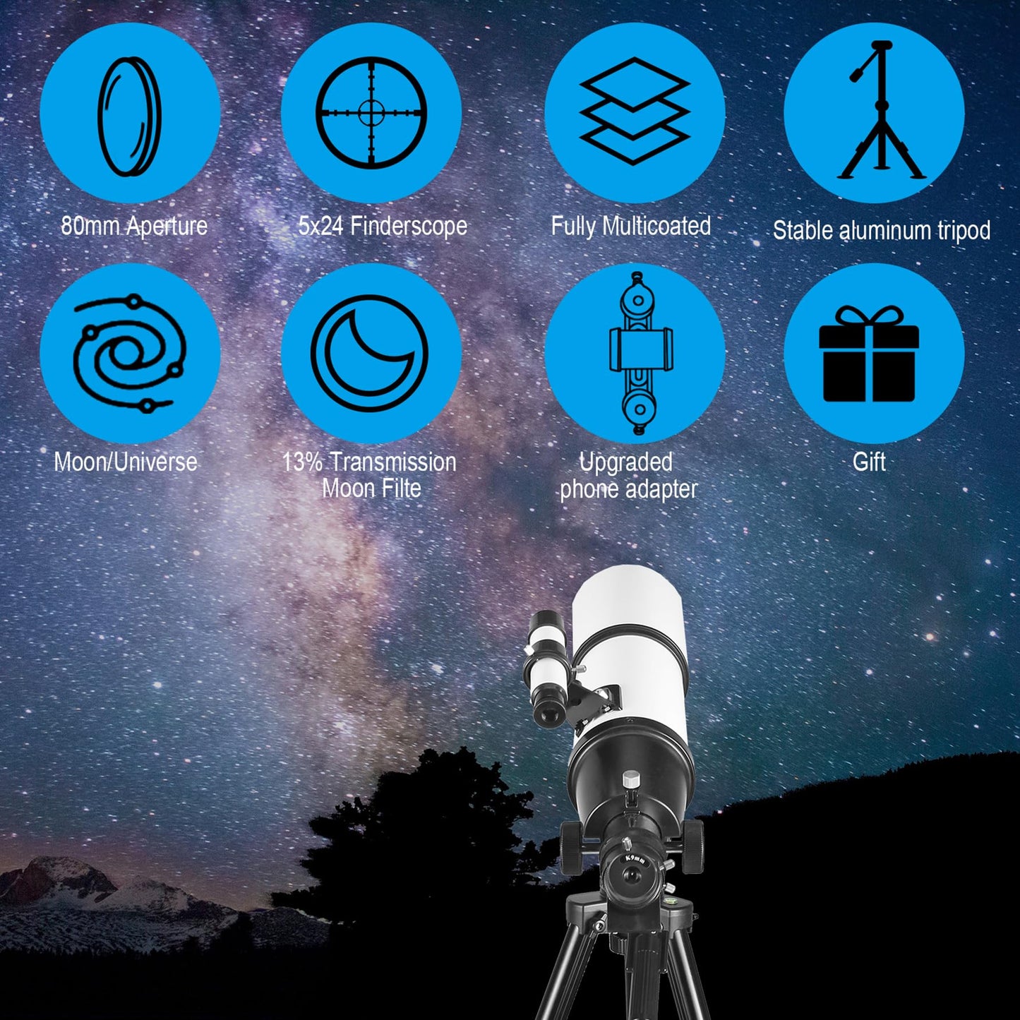 Celticbird Telescopio 80 mm Apertura Telescopio Refractor portátil astronómico Revestimientos de Alta transmisión Totalment (80460)