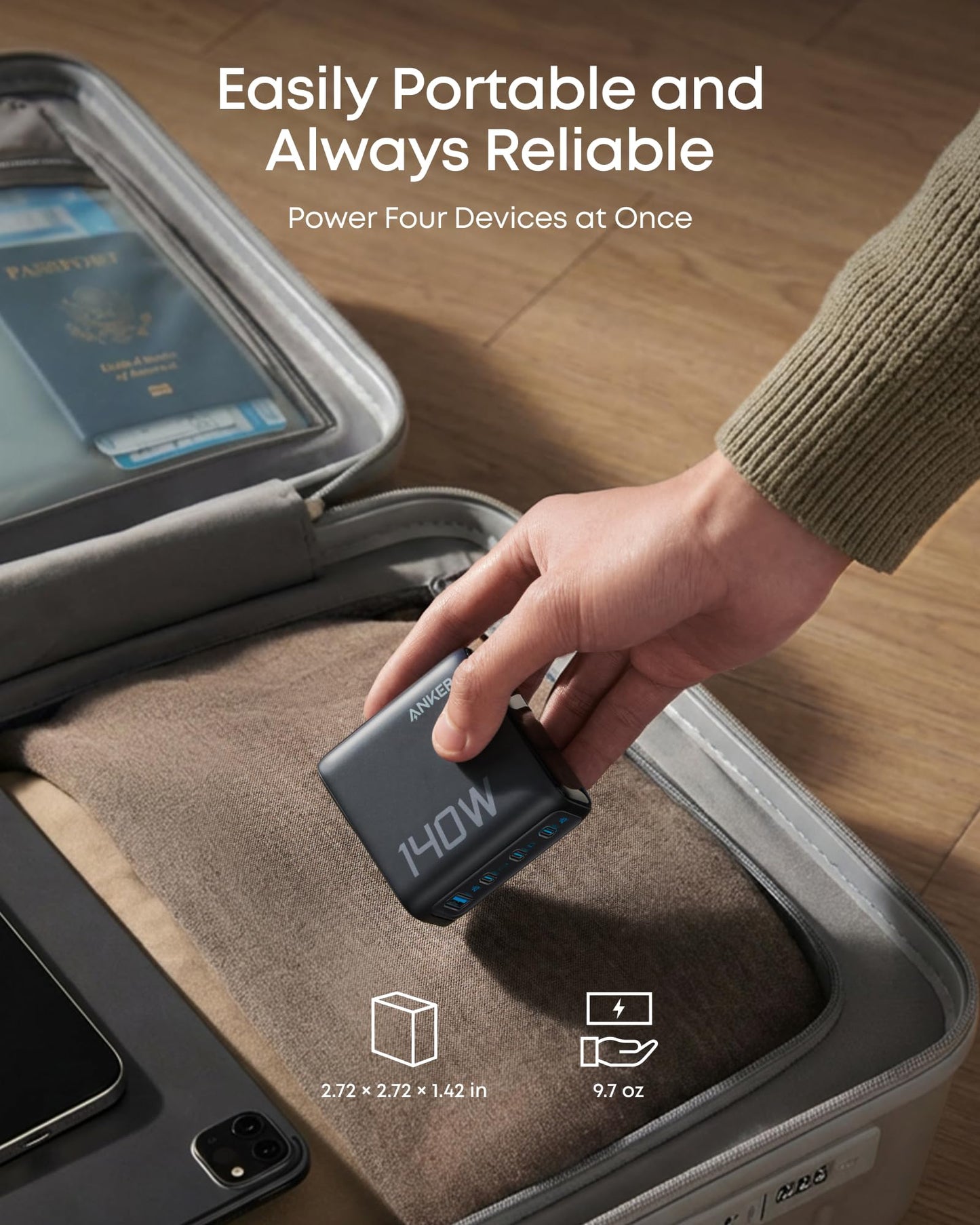 Cargador USB-C de 140 W, cargador Anker para laptop, carga rápida multidispositivo de 4 puertos, adaptador de corriente GaN avanzado, controles táctiles intuitivos, para MacBook, iPhone 16, Samsung