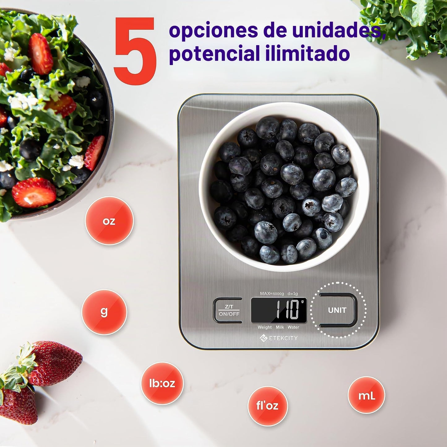 Etekcity Báscula de Cocina Digital de Acero Inoxidable, Balanza Cocina de Alta Precisión 5 kg/ 11 lbs
