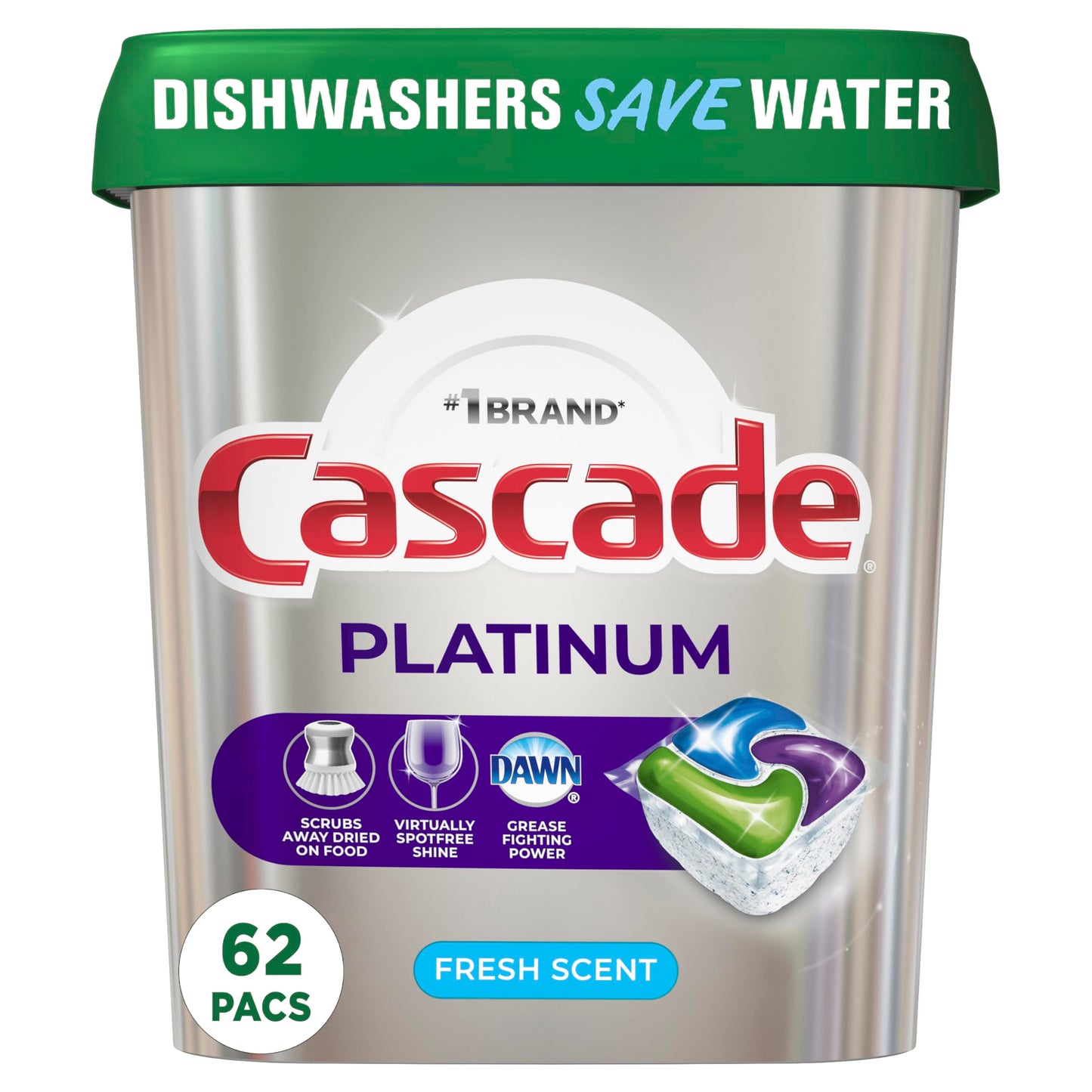 Cascade Platinum - Cápsulas para lavavajillas, detergente para lavavajillas, Actionpacs, frescas, 62 unidades