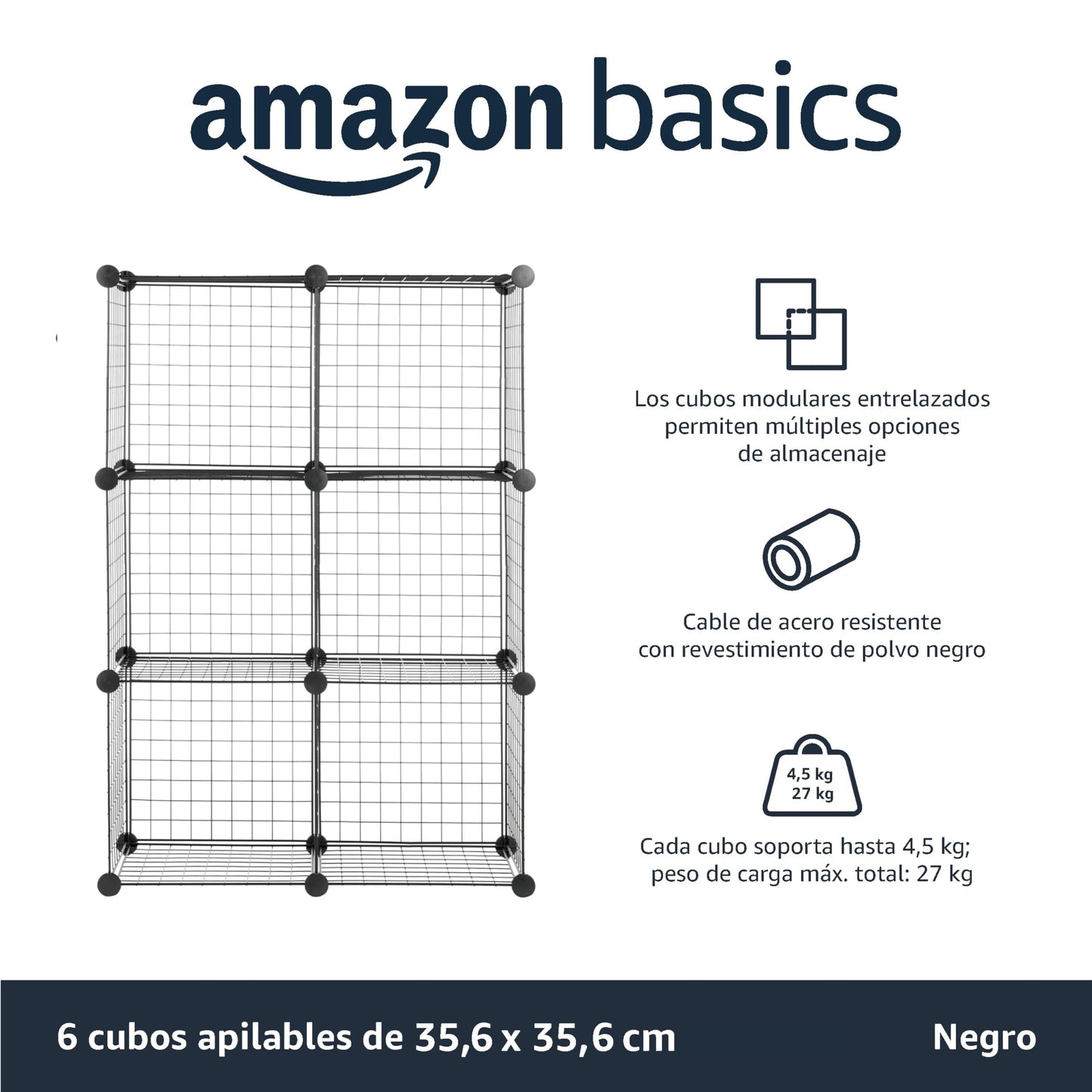 Amazon Basics Estantes de Almacenamiento, Seis Cubos, de Alambre, 6 ripiani, Negro, 37 D x 77 W x 114 H cm