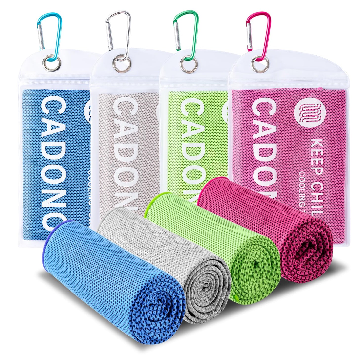 CADONO Paquete de 4 toallas de enfriamiento (40 x 12 pulgadas), toalla fría suave y transpirable, toalla de hielo, toalla de microfibra para yoga, deportes, correr, entrenamiento, gimnasio, camping