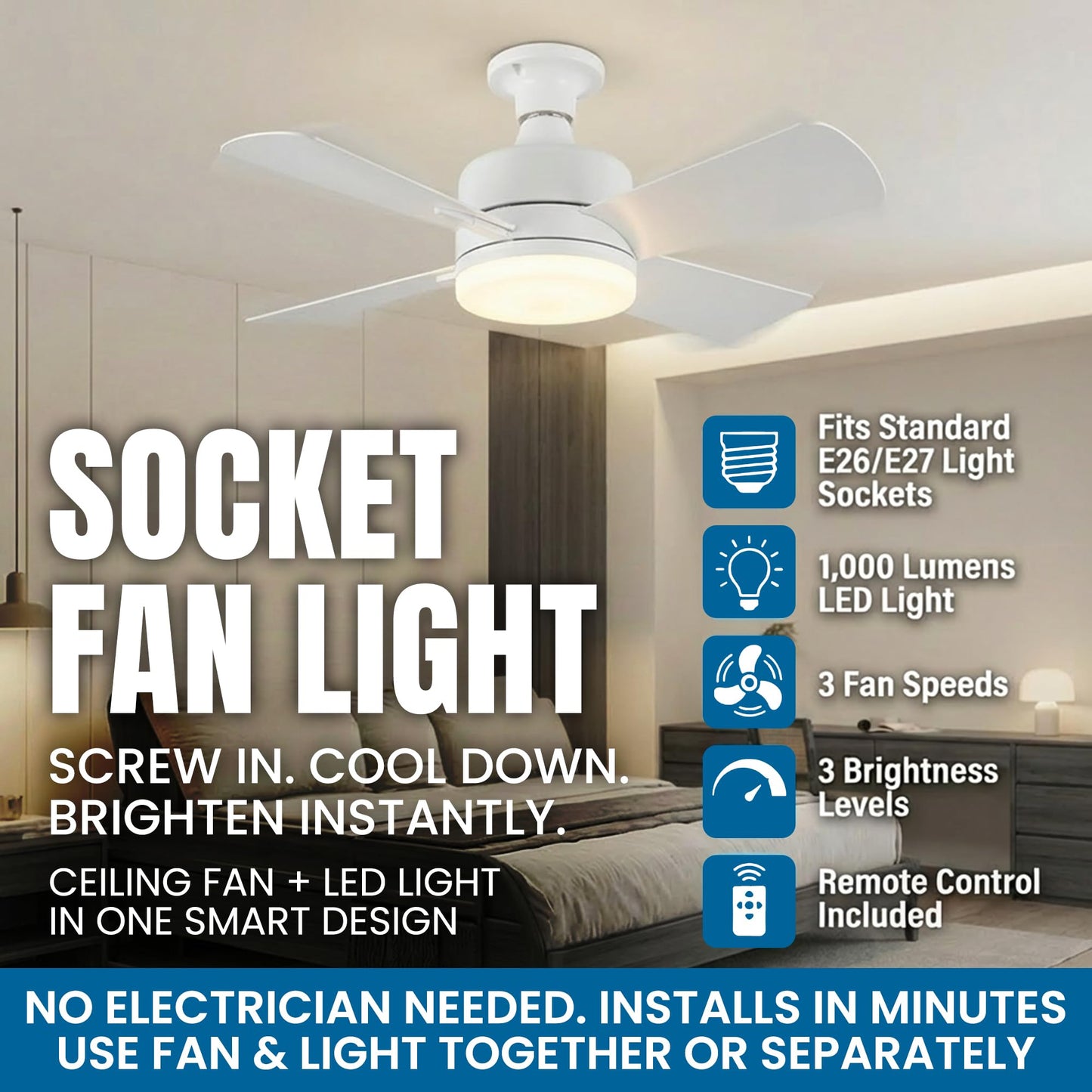 Bell+Howell Socket Breeze 15.4 pulgadas, modelo Deluxe de 5 velocidades, ventiladores de techo de perfil bajo con luces y control remoto, para recámara, cocina, sala de estar