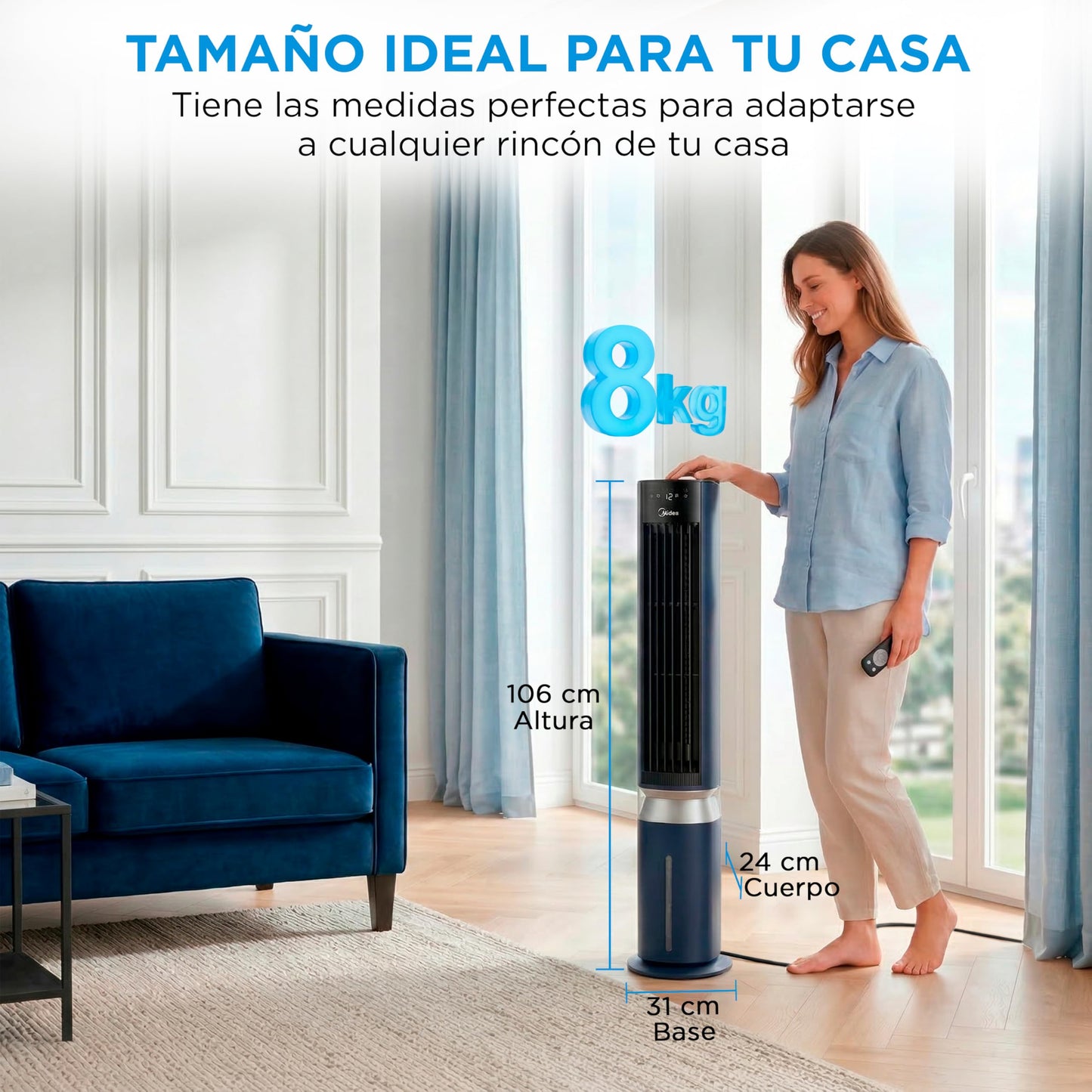 MIDEA Climatizador Evaporativo Portátil 3 en 1 Capacidad 7L y Mando a Distancia | Ventilador de Agua, Enfriador de Aire, Humidificador, 6 Velocidades, 5 Modos, Temporizador 12H, Oscilación 85º, con IA