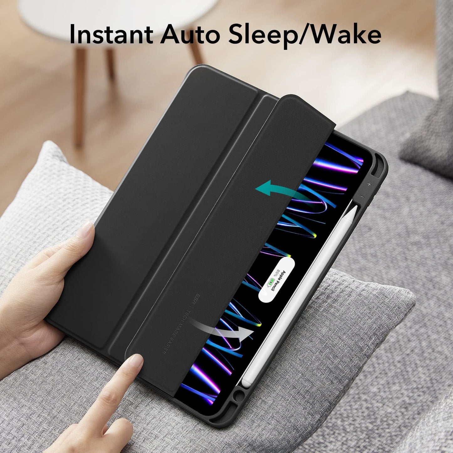 ESR Funda Compatible iPad Pro 11” (2022/2021,4ª/3ª Gen) con Portalápices, Soporte Pencil 2, Cubierta Trasera Flexible, Soporte Tríptico, Modo Automático de Reposo/Actividad, Serie Rebound, Negro