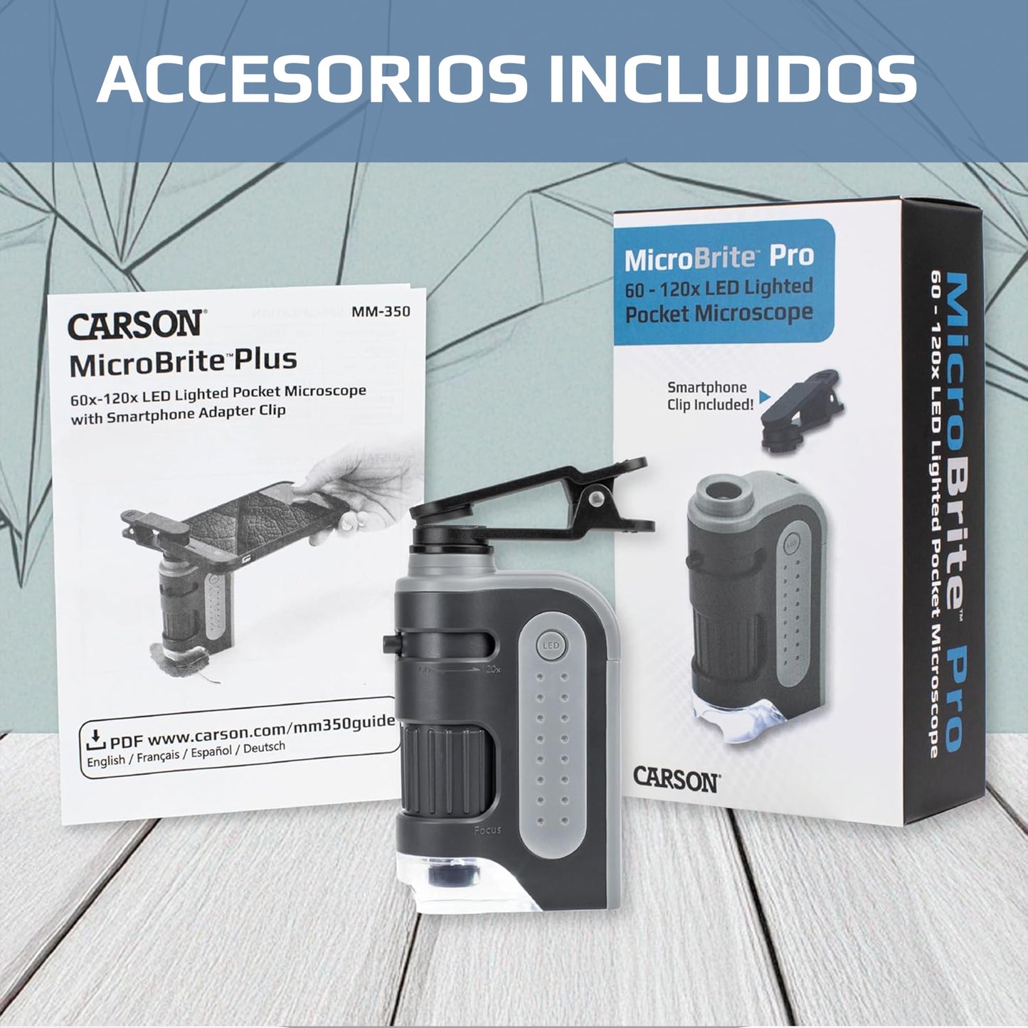 Carson MicroBrite Pro - Microscopio de Bolsillo con luz LED 60x-120x con Sistema de Lente asférica y Clip Digital para Smartphone (MM-350)