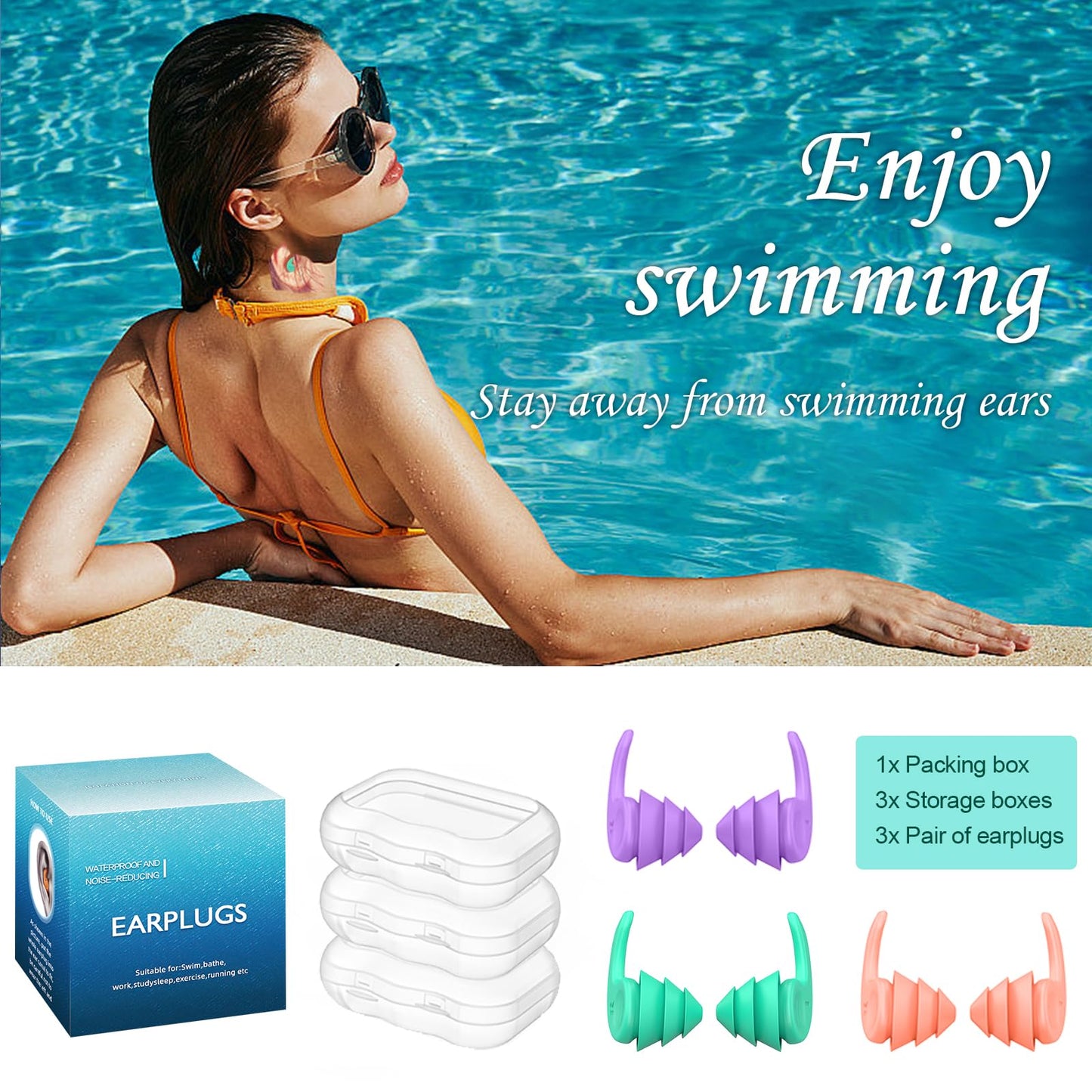 Tapones para los oídos para natación, 3 pares de tapones para los oídos de silicona reutilizables impermeables para nadar, surfear, esnórquel y otros deportes acuáticos