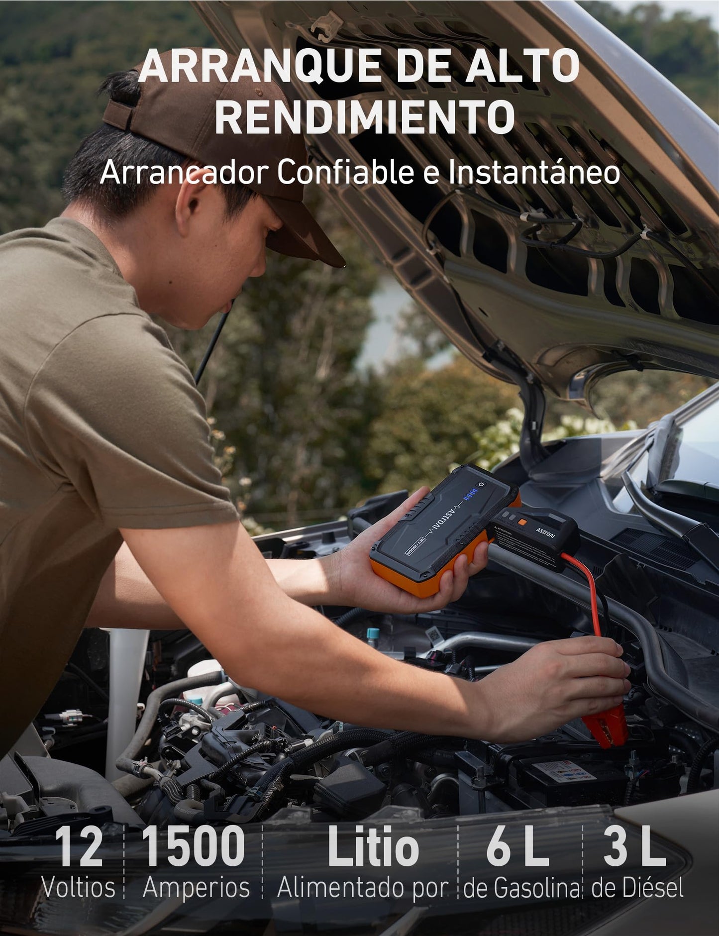 AstroAI Arrancador de Baterias de Coche 1500A 12V con Cargador de Pared para Motores de Gasolina de hasta 6,0L y Motores Diesel de hasta 3,0L con 3 Modos de Luz y Cable de Arranque