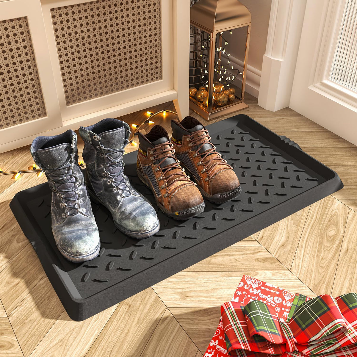 SUPENUIN Alfombrilla de goma resistente con borde impermeable para zapatos, para entrada, interior y exterior, multiusos, atrapa todas las bandejas, almacenamiento de zapatos de entrada, 16 x 27.5
