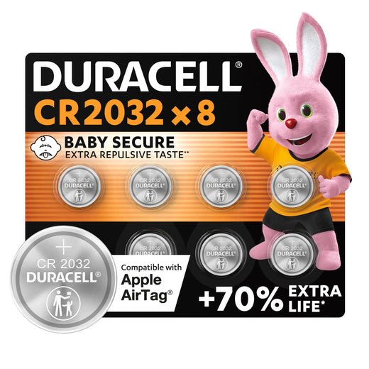 Duracell CR2032 pilas de botÃ³n de litio 3 V (paquete de 8) - Hasta un 70 % extra duraciÃ³n - TecnologÃ­a Baby Secure - Para Apple AirTag, llaves remotas, dispositivos domÃ©sticos, deportivos y mÃ©dicos