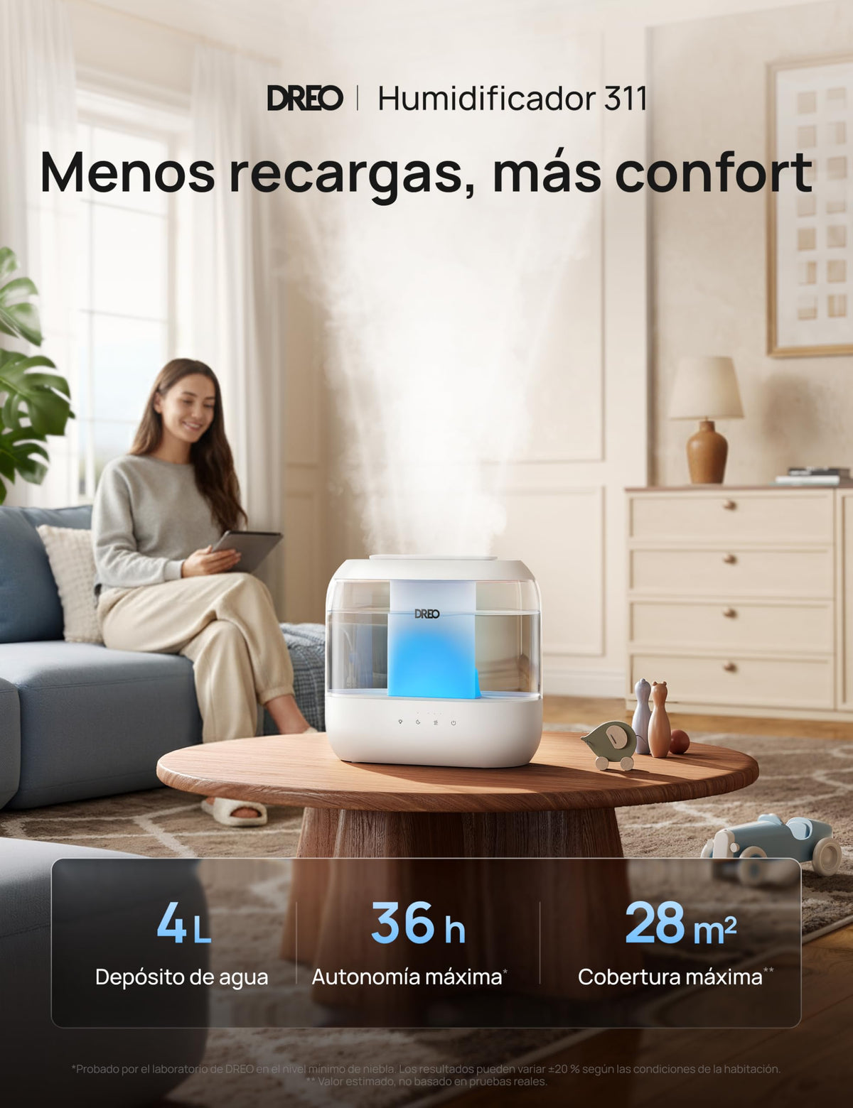Dreo Humidificador para el dormitorio, humidificador de vapor frío de 4L con difusor de aceite y luz nocturna, 32H de autonomía, Humidificador ultrasónico silencioso para las guarderías y plantas