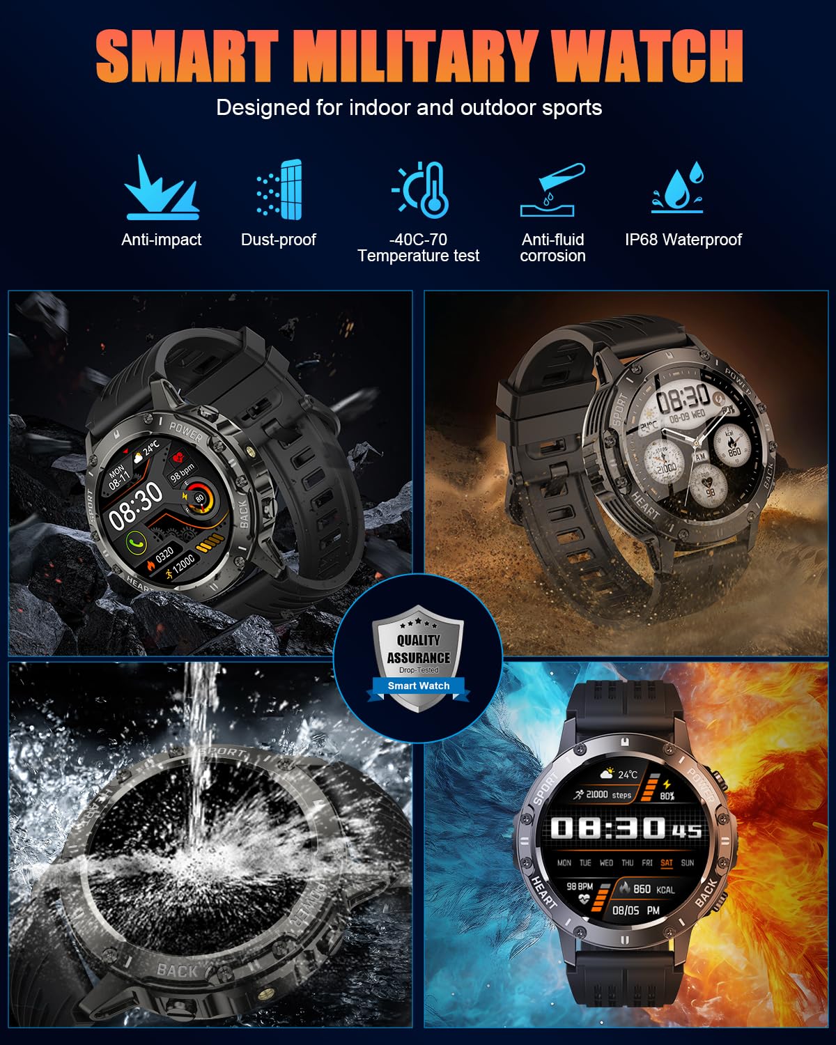 TIMU Reloj Inteligente Hombre Militar, 1.39" HD Smartwatch Hombre con Llamadas BT 5.3, 114+ Modos Deportivos, 24/7 Monitor de Sueño/Podómetro/Pulsómetro,