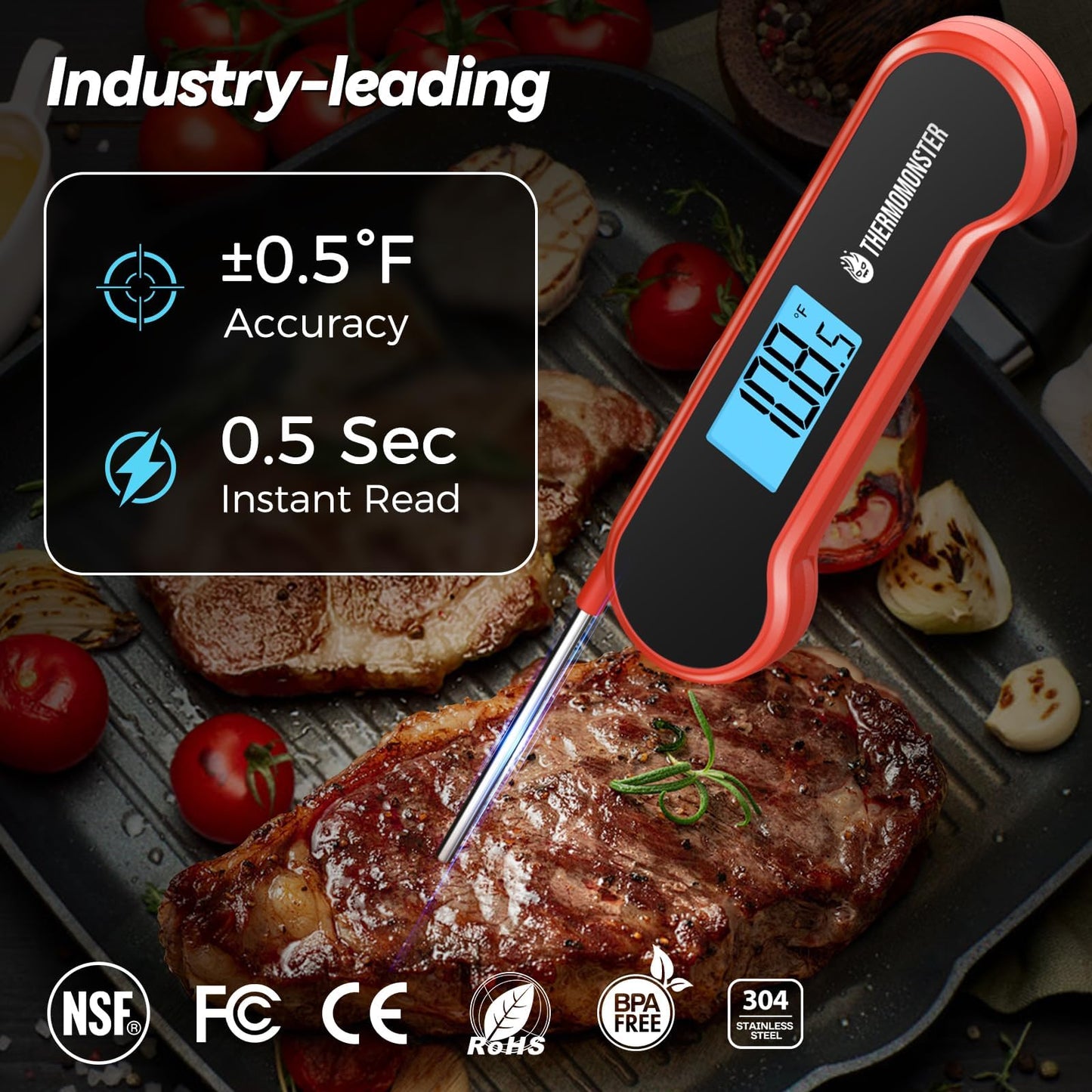 Termómetro digital de lectura instantánea para carne de 0,5 segundos con precisión de ± 0.-15.0 °C, pantalla LCD brillante 100% impermeable, con sensor de movimiento, termómetro de alimentos para
