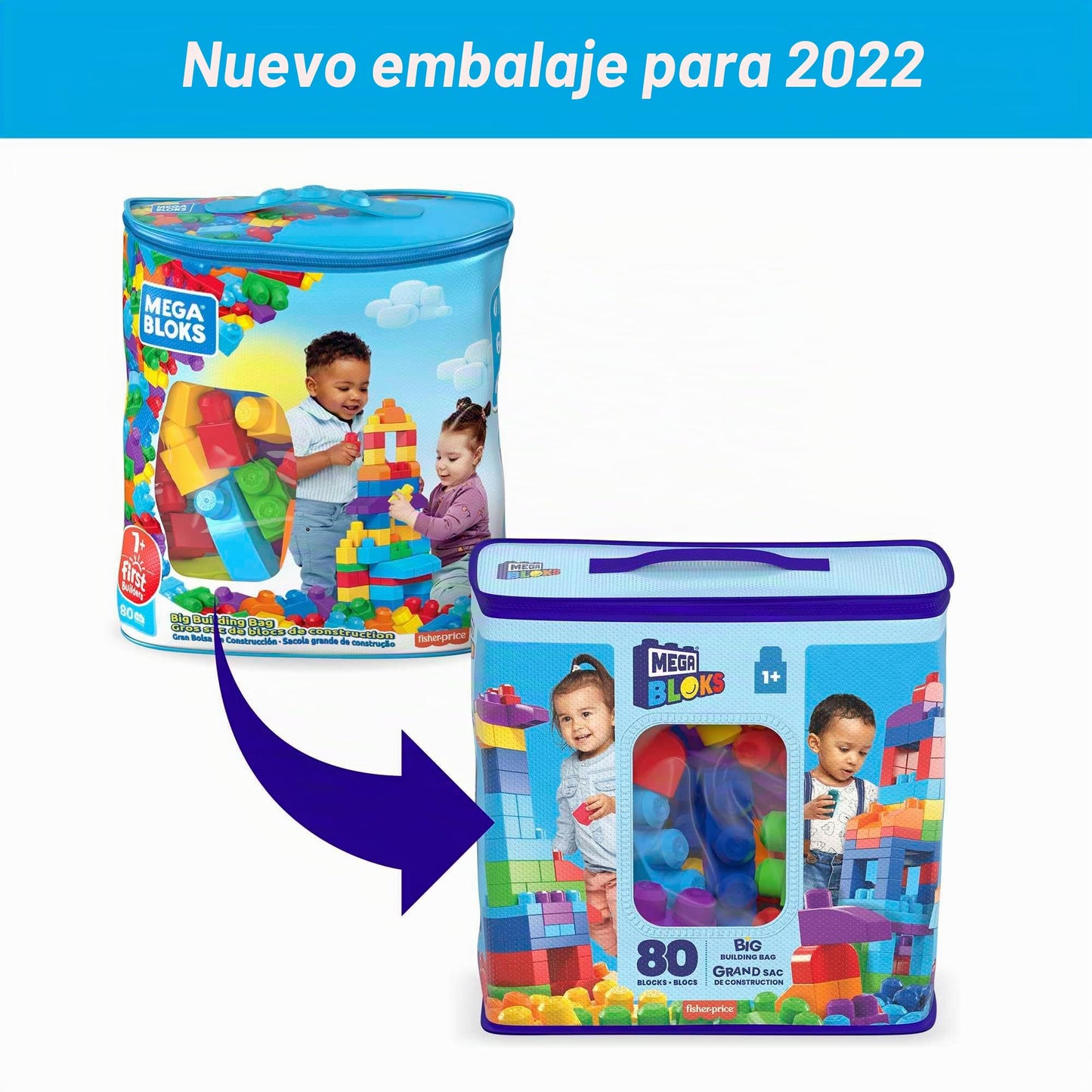 Mega Bloks Bolsa clásica con 80 bloques de construcción, juguete para bebé +1 año Mattel DCH63)