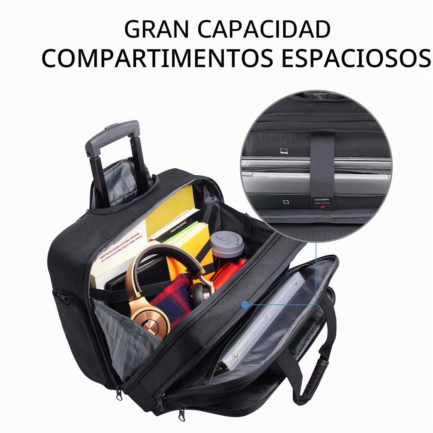 KROSER Maletín para Portátil con Ruedas Bolsa Premium Impermeable para Computadora hasta 17.3´´ Bolsa Hidrófugo Durante la Noche con Bolsillos RFID para Hombres/Mujeres-Negro