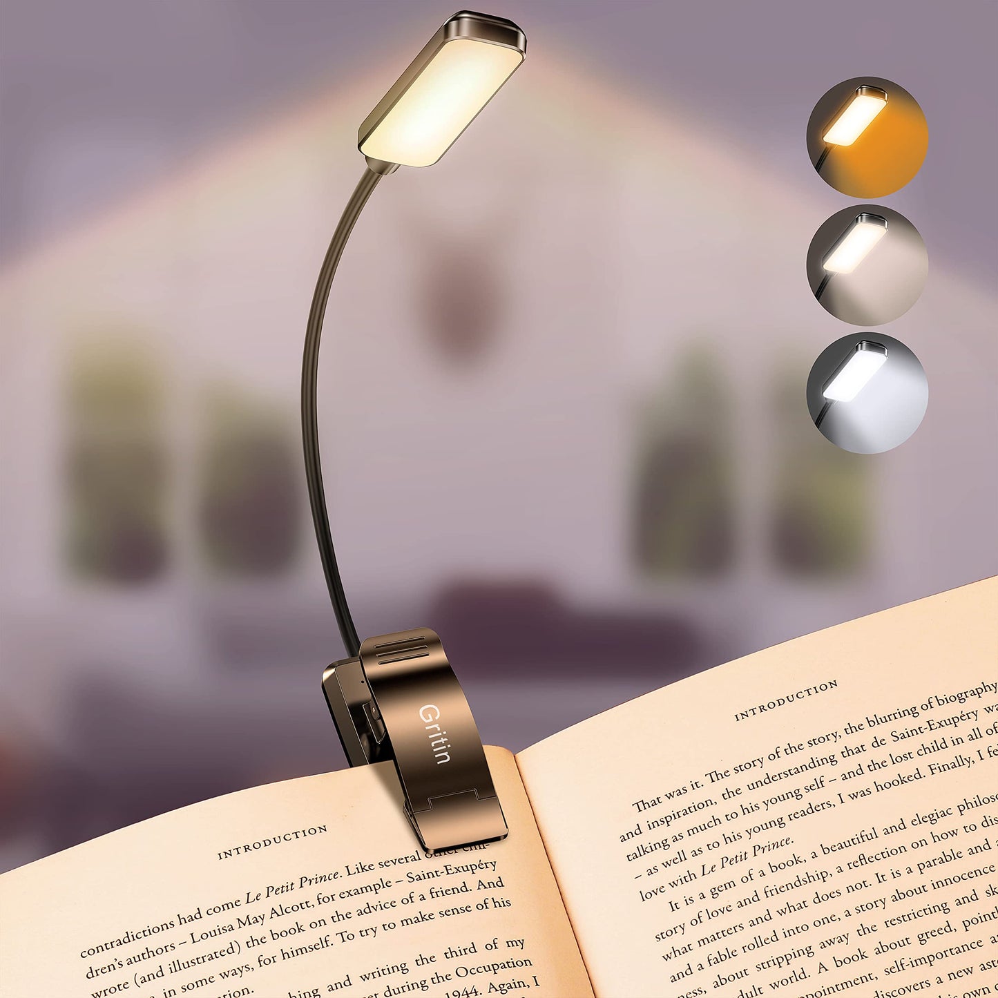 Gritin Luz de Lectura Recargable, Lampara Libro de Lectura con 9 LED