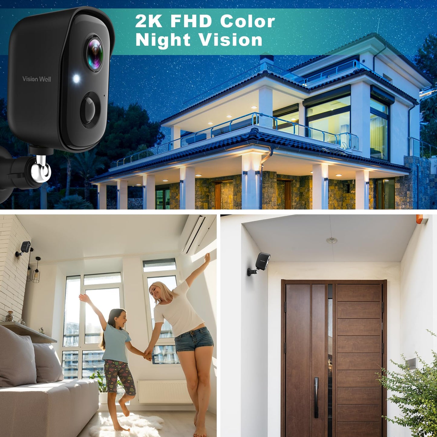 Cámaras de seguridad inalámbricas para exteriores, cámaras interiores 2K para seguridad del hogar alimentadas por batería, detección de movimiento IA, visión nocturna a color, conversación