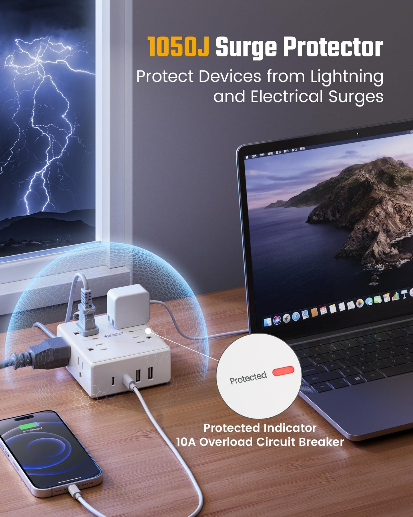 Cable de extensión de 10 pies con múltiples tomas, protector de sobretensiones de enchufe plano, cable de 10 pies de largo, 8 salidas y 4 puertos USB (2 USB C), estación de carga de escritorio para
