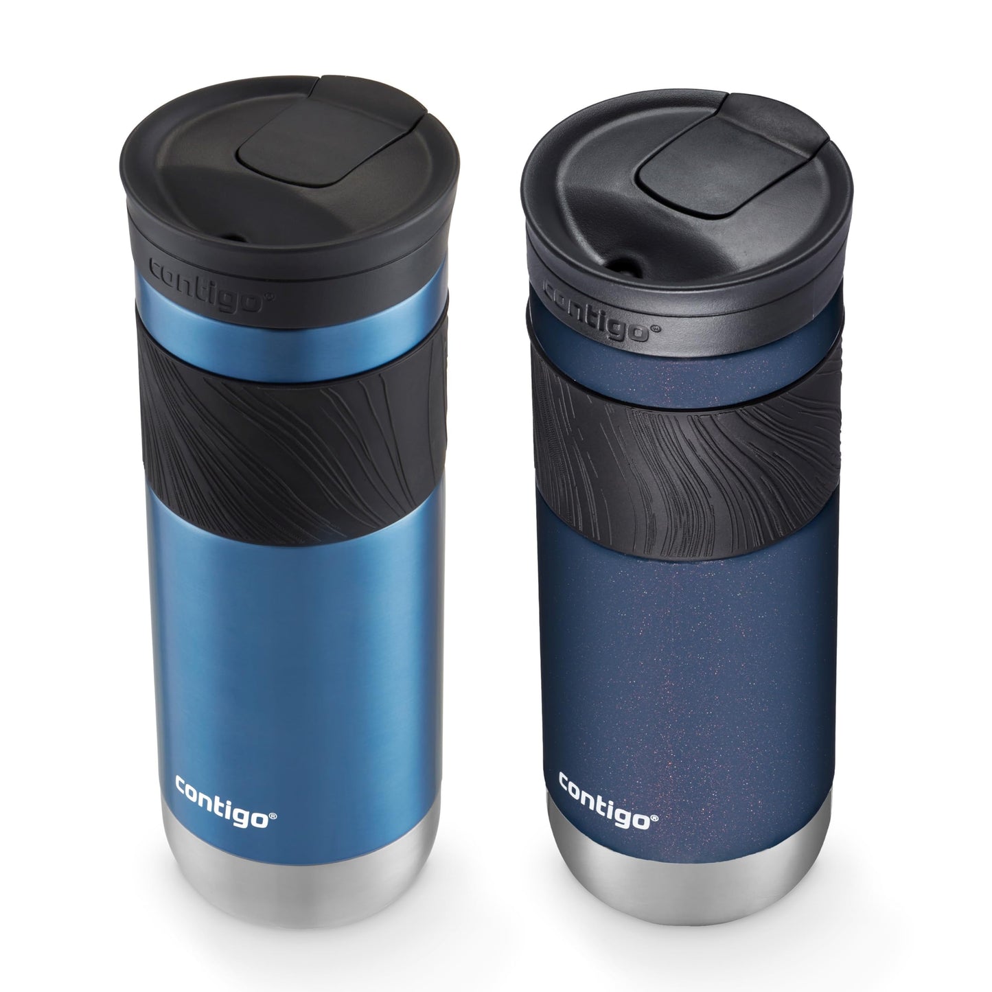 Contigo SNAPSEAL - Taza de viaje de acero inoxidable aislada con agarre, 591 ml, color azul maíz transparente satinado y baya de medianoche