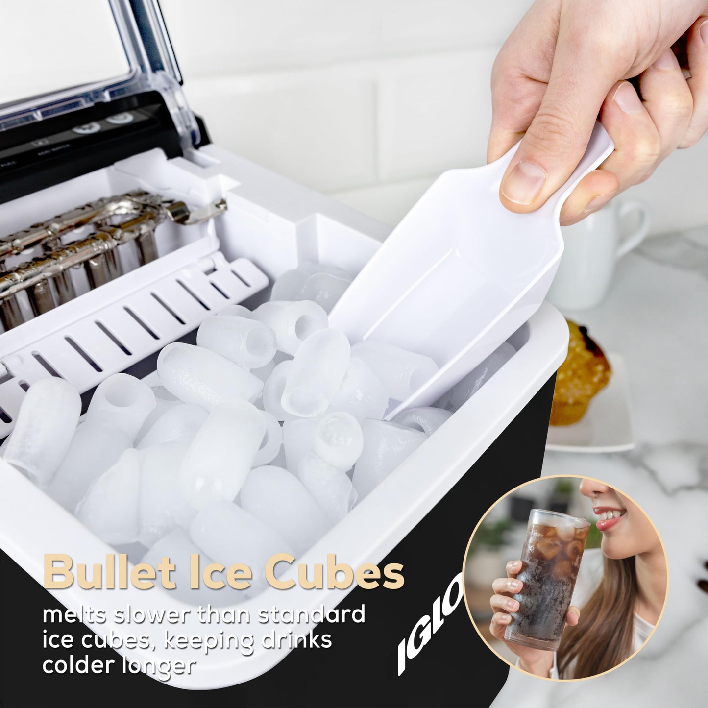 Igloo Máquina de hacer hielo de encimera autolimpiante premium, máquina de hielo portátil con mango, produce 26 libras en 24 horas. Con cubitos de hielo listos en 6-8 minutos, viene con cuchara de