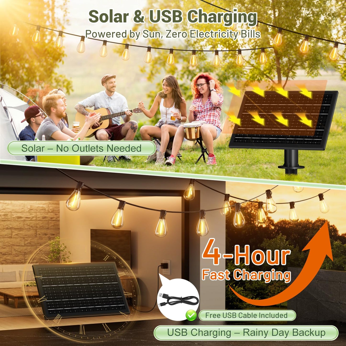 Amzrap Guirnalda de luces solares de 200 pies para exteriores, impermeable, 72 + 2 bombillas LED, funciona con energía solar con control remoto y puerto USB, 3 modos de luz, regulables, conectables