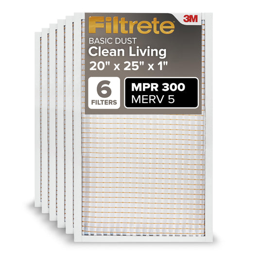 Filtrete Filtro de aire de 20 x 25 x 1, MPR 300, MERV 5, Clean Living Basic Dust 3 meses plisados filtros de aire de 1 pulgada, 6 filtros