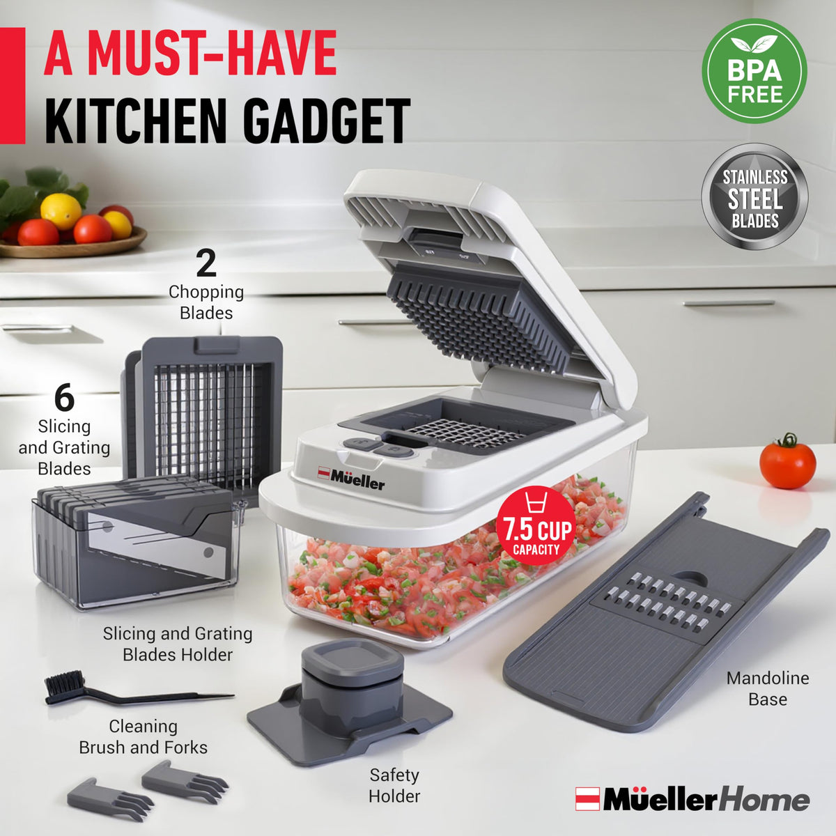 Mueller Austria Pro-Series - Cortador con 8 cuchillas para huevo, cebolla, verduras, etc., con contenedor.