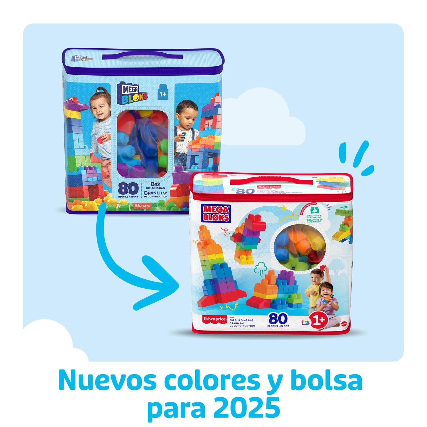 Mega Bloks Bolsa clásica con 80 bloques de construcción, juguete para bebé +1 año Mattel DCH63)