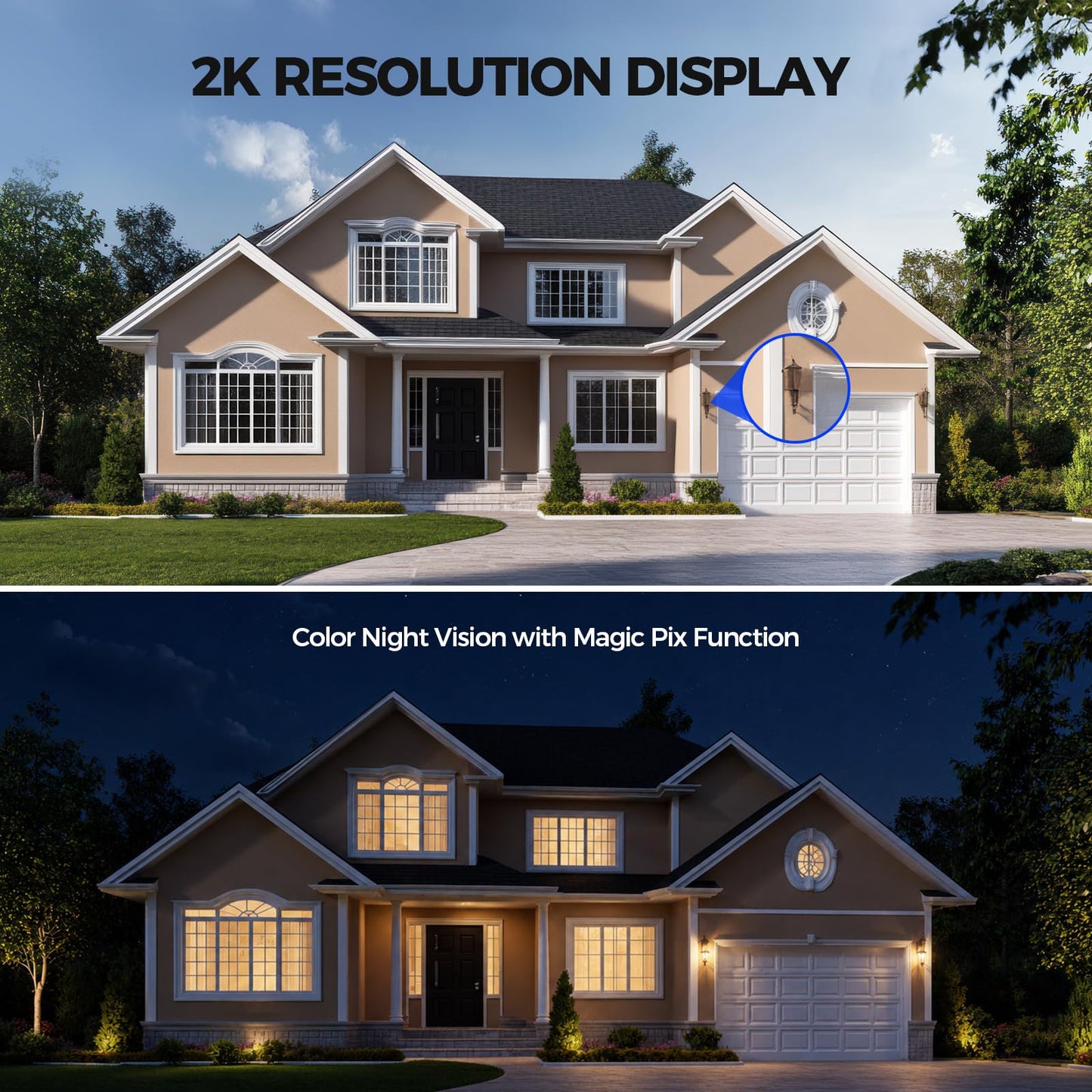 AlkiVision Cámaras de seguridad solares inalámbricas para exteriores, cámaras de visión nocturna a color 2K para seguridad del hogar, detección de movimiento IA, visión de 360°, foco, audio