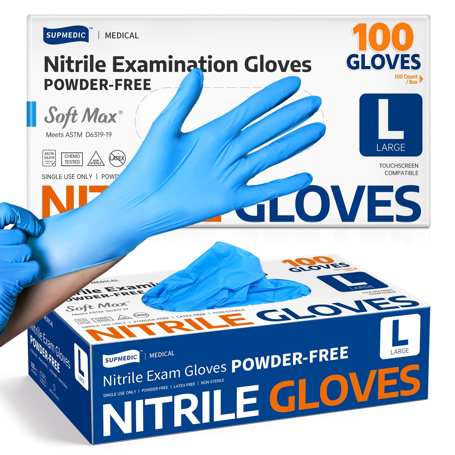 Supmedic Guantes médicos desechables de nitrilo de 3.5 mil, sin polvo, sin látex, caja de 100 unidades (azul) (grande)