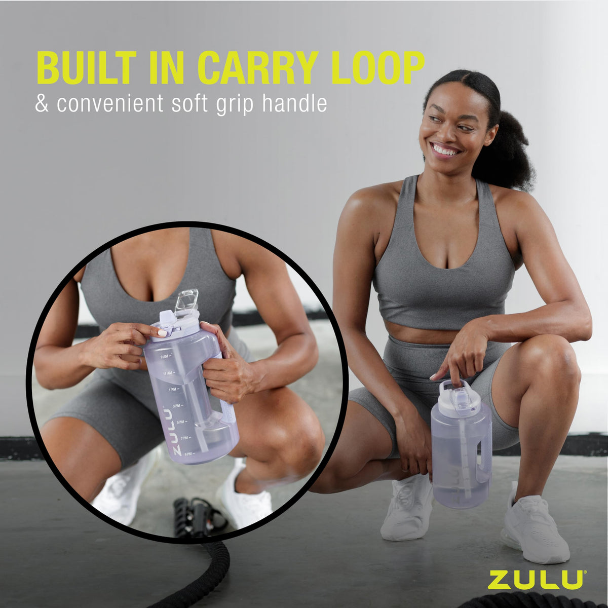 ZULU Goals - Jarra de medio galón con marcador de tiempo y asa para hidratación durante todo el día y popote de silicona con bloqueo, tapa a prueba de fugas, sin BPA, gris, 64 onzas