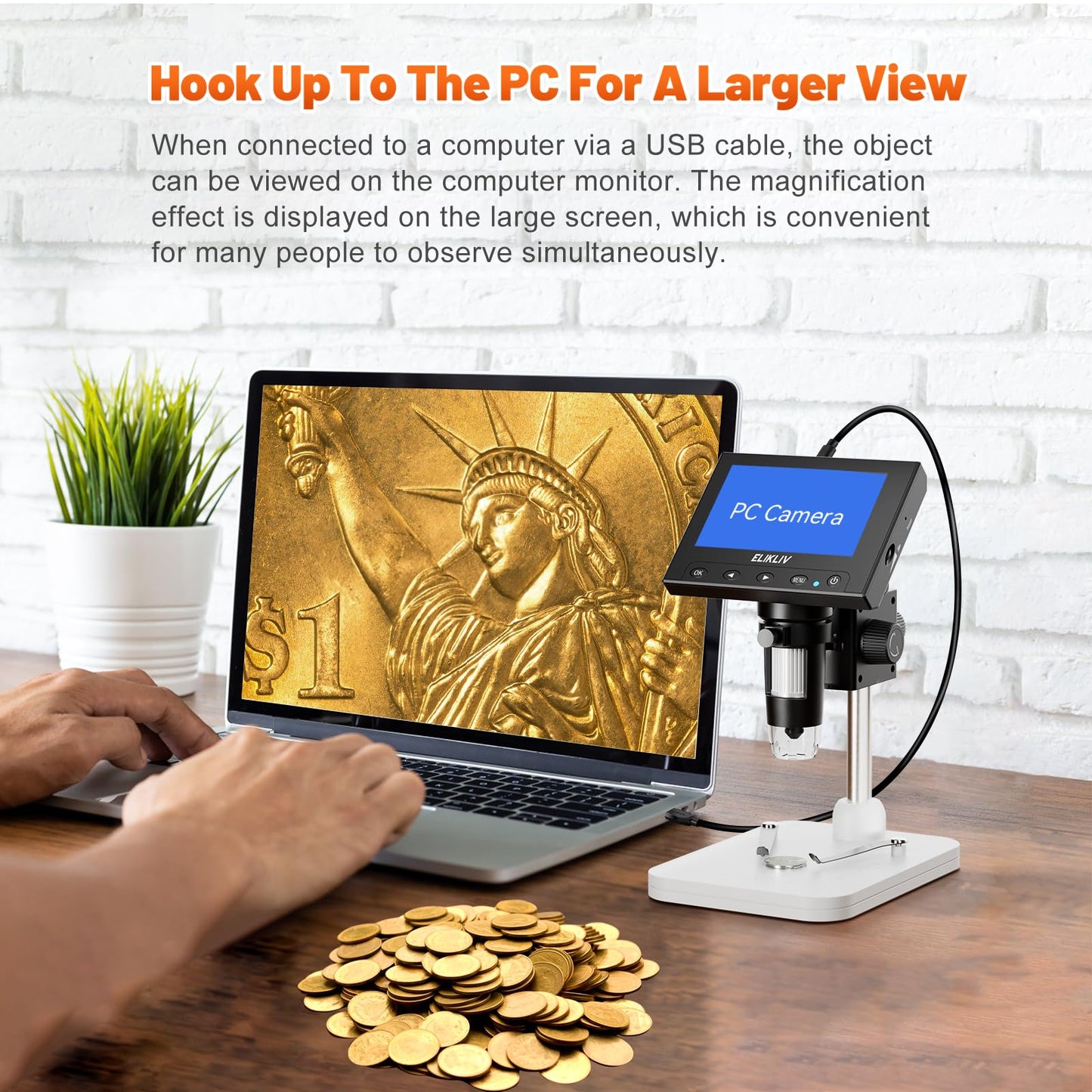 Elikliv Microscopio Digital LCD para Monedas 1000x, Lupa con 8 Luces LED Ajustables, Vista PC Compatible con Windows, EDM4, 4,3 Pulgadas