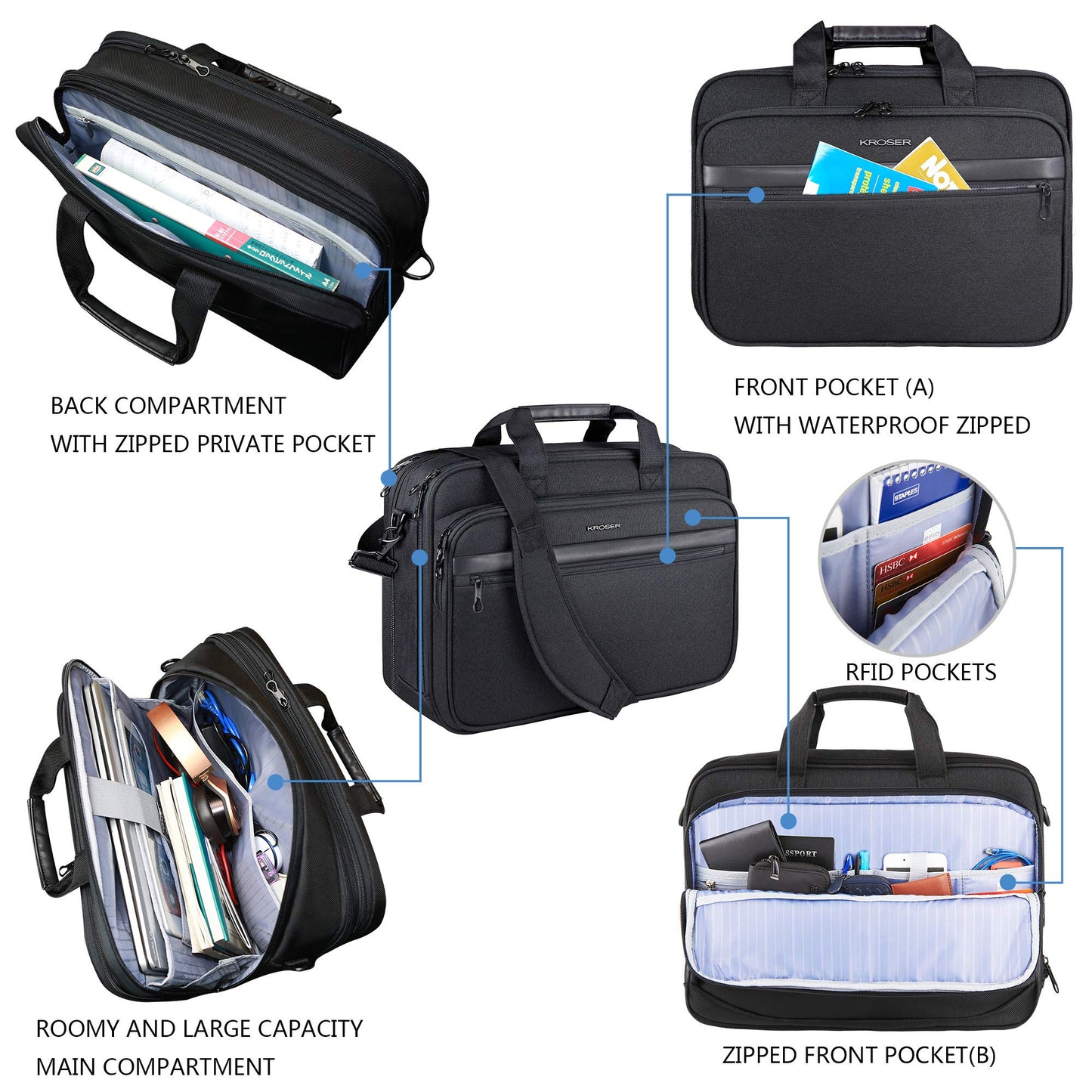 KROSER 18" Bandolera para Portátil Maletín Premium para Laptop hasta 17.3" Expandible Hidrófugo Bolsa del Hombro Bolsa de Computadora para Viajes/Negocios/Escuela/Hombres/Mujeres-Negro