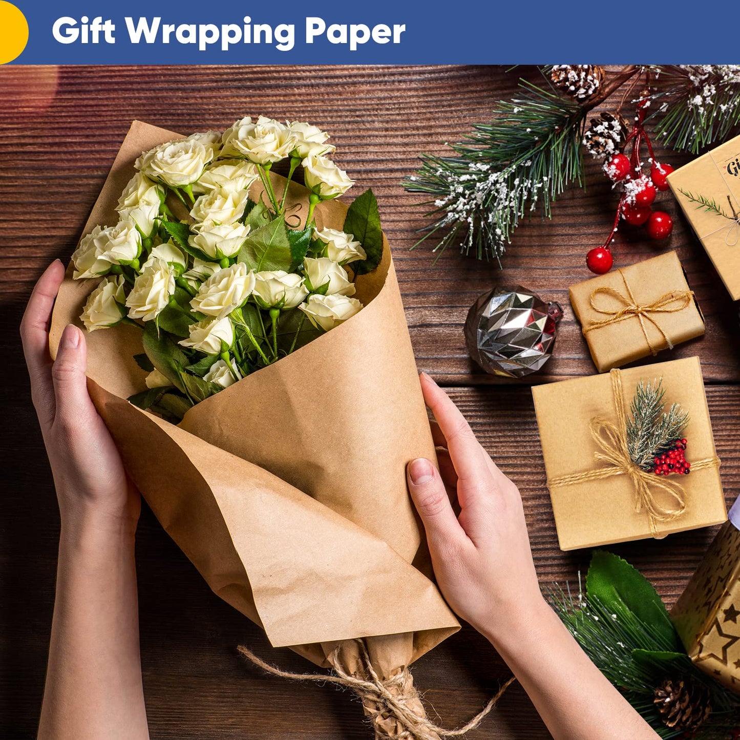 Vanhench Rollo de papel de regalo marrón, papel de embalaje kraft para manualidades, 17.5 x 1200 pulgadas (100 pies) para regalo de cumpleaños, tablón de anuncios, ramo de arte, flores, cubierta de