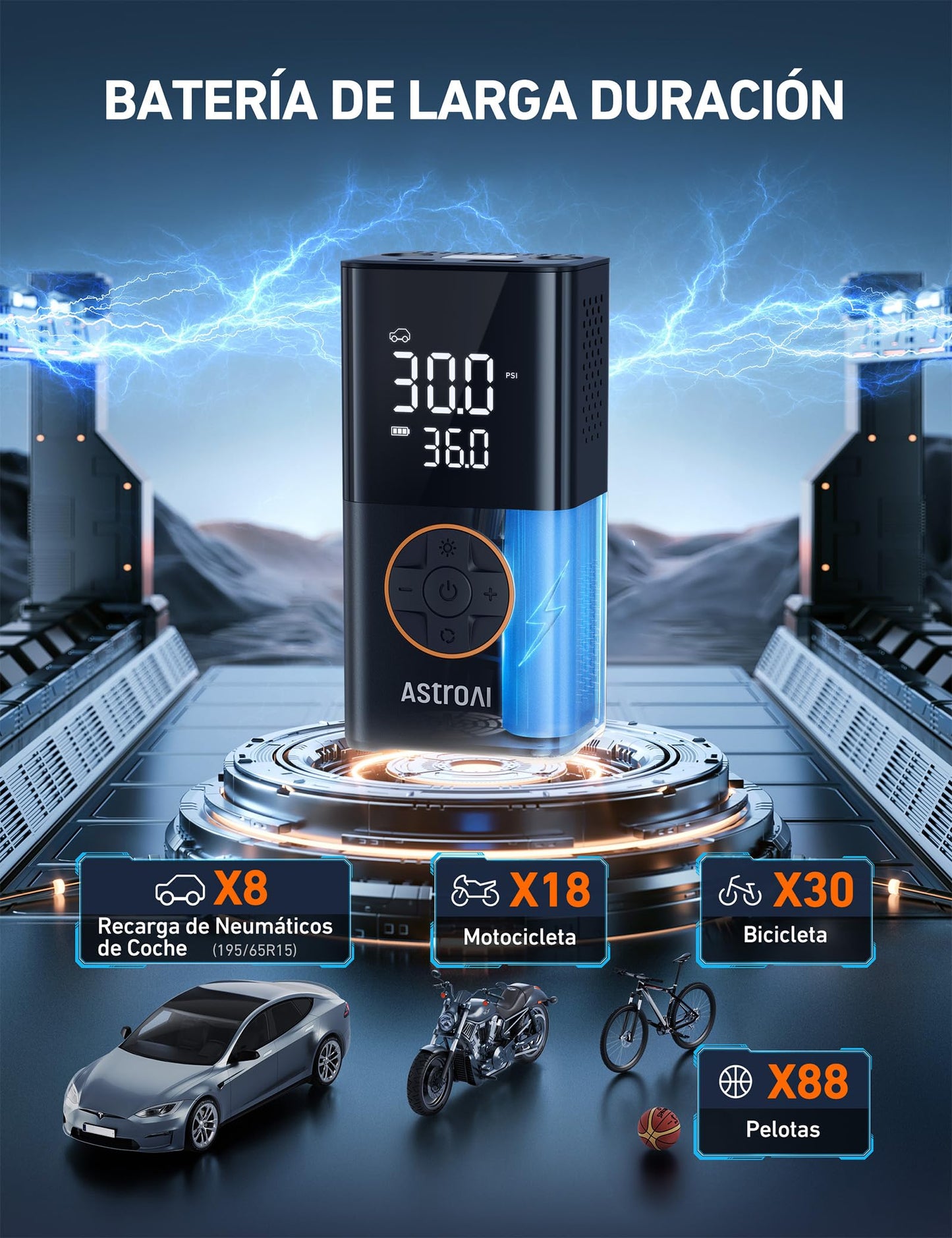 AstroAI Compresor Aire Portátil Inalámbrico, Inflador Ruedas Multiuso, Hinchador Ruedas con Batería Recargable y Luz LED, Apagado Automático para Coche Eléctricos, Bicicletas, Moto y Etc. (Naranja)