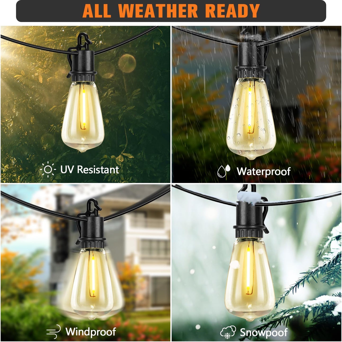 OOOLED Guirnalda de luces solares de 60 pies para exteriores con control remoto, IP65 impermeable, inastillable, ST38, 20 bombillas LED, luces colgantes exteriores regulables de 2700 K para patio