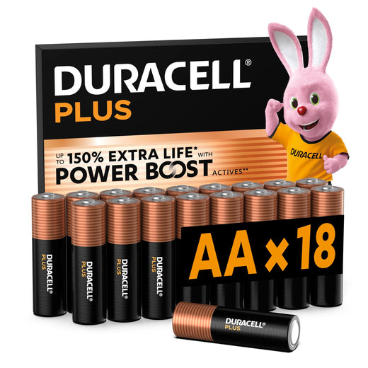 DURACELL Plus Pilas AA (Paquete de 18) – Pilas alcalinas 1,5 V – Hasta un 150 % de duración extra con activos POWER BOOST–Fiabilidad para dispositivos cotidianos–Envase con 0 % de plástico–MN1500