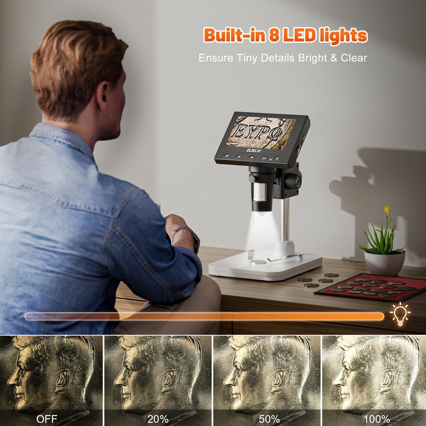 Elikliv Microscopio Digital LCD para Monedas 1000x, Lupa con 8 Luces LED Ajustables, Vista PC Compatible con Windows, EDM4, 4,3 Pulgadas