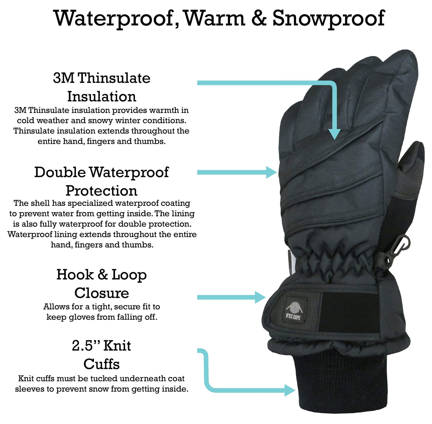 N'Ice Caps - Guantes de esquí para niños (Impermeables, con crestas) - Negro - 7-8 años