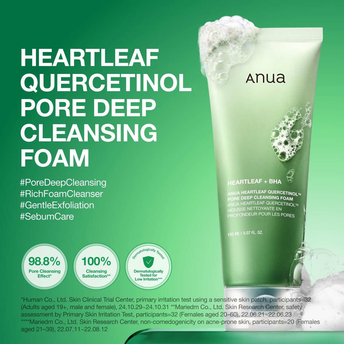 ANUA Espuma limpiadora profunda de poros con quercetinol Heartleaf, limpiador facial, para doble limpieza, BHA, ácido hialurónico, lavado facial, eliminador de puntos negros, (150 ml/5,07 fl.oz.)