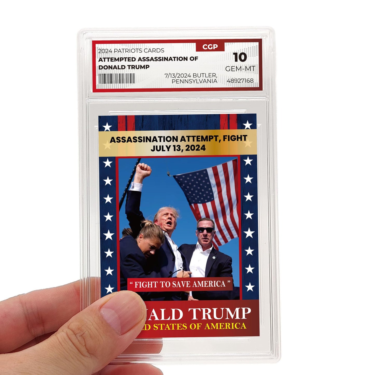 Trump Trading Card - Intento de asesinato - Gema 10 grados - Tarjeta coleccionable de Trump - Regalos de Trump - Trump 2024 - Haz que Estados Unidos vuelva a ser grande