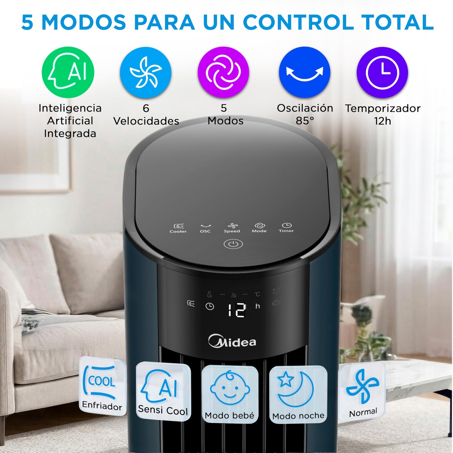MIDEA Climatizador Evaporativo Portátil 3 en 1 Capacidad 7L y Mando a Distancia | Ventilador de Agua, Enfriador de Aire, Humidificador, 6 Velocidades, 5 Modos, Temporizador 12H, Oscilación 85º, con IA