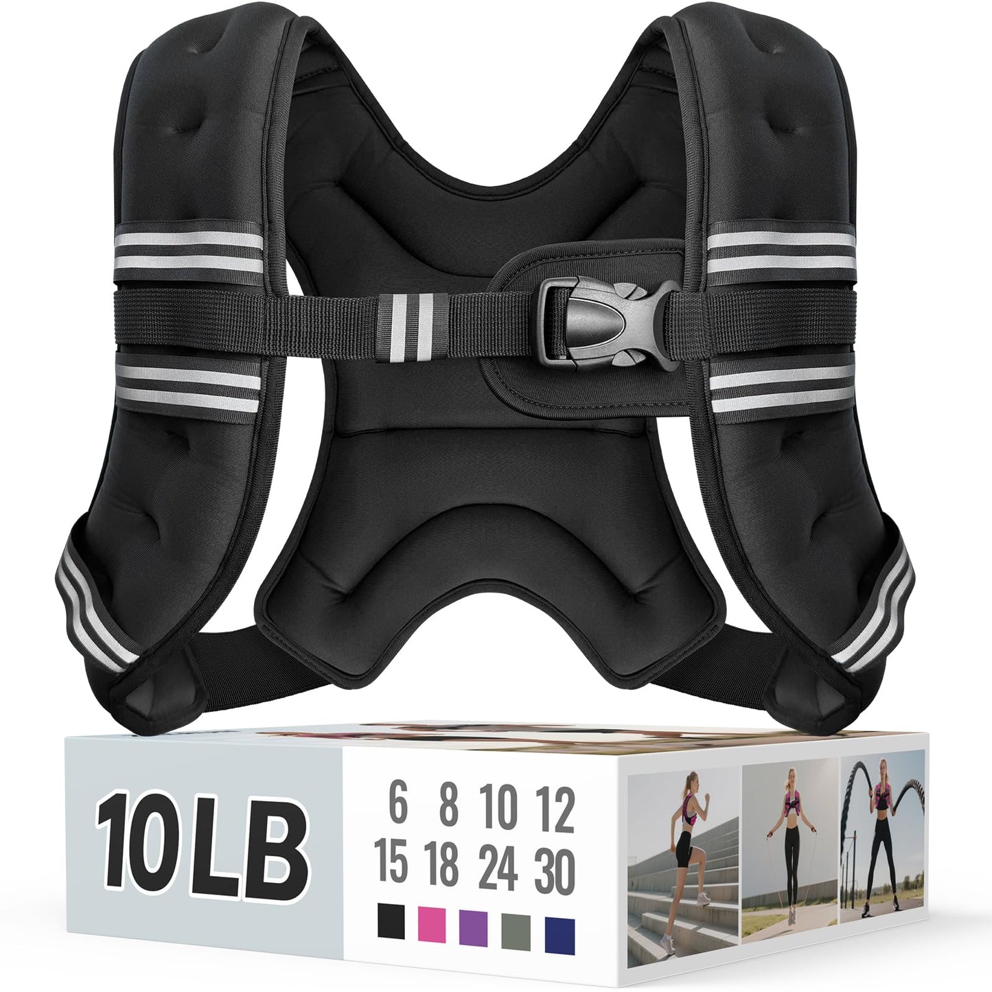 Zeerun Chaleco con peso de 10 libras para mujeres y hombres con rayas reflectantes y hebilla ajustable, cómodo y duradero para caminar, correr y entrenamiento de fuerza, color negro