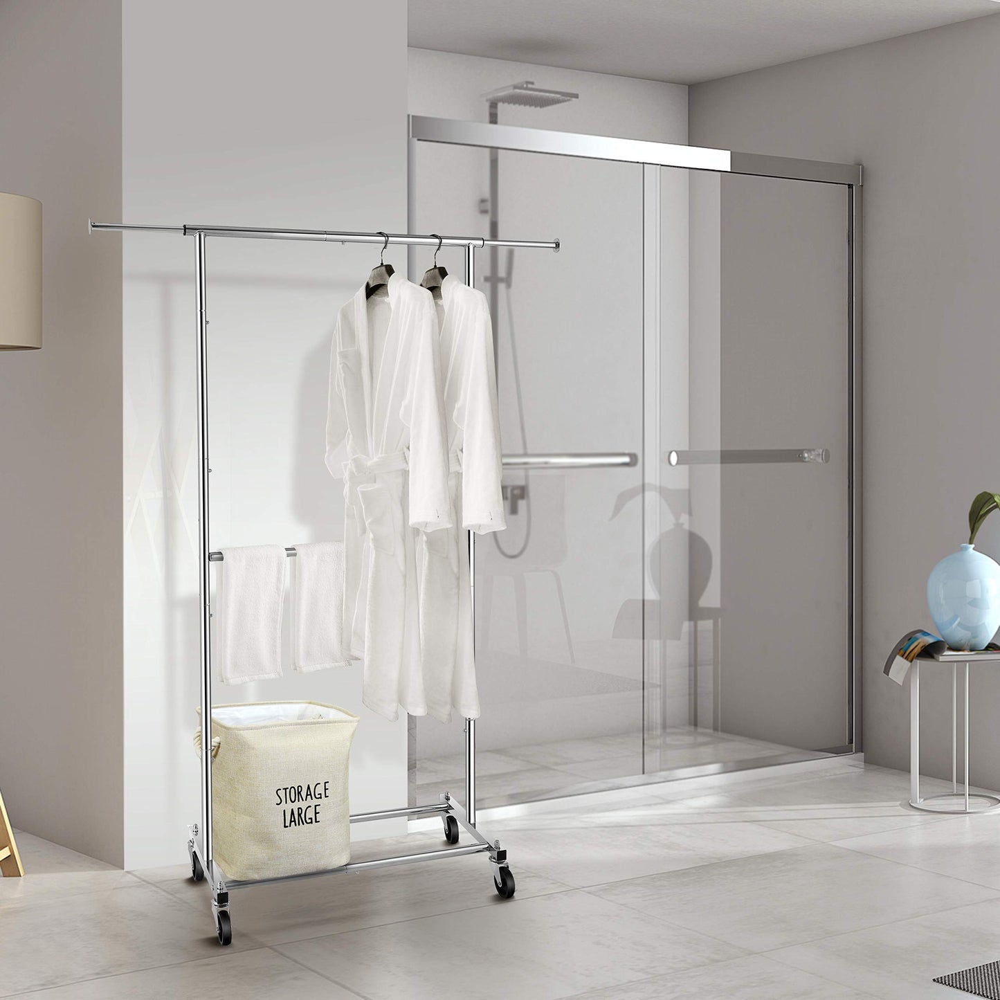 Simple, Tendencia, Doble barra de ropa, organizador con ruedas para colgar la ropa, cromado