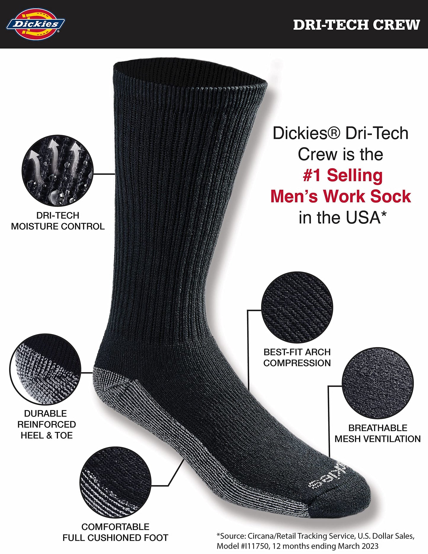 Dickies - Dri-tech - Calcetines deportivos con control de humedad para hombre - negro -